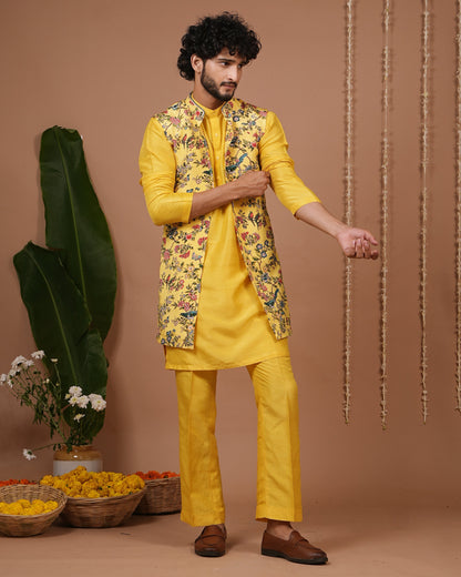 Yellow Printed Open Jacket+Kurta Pyjama Set (Set of 3)