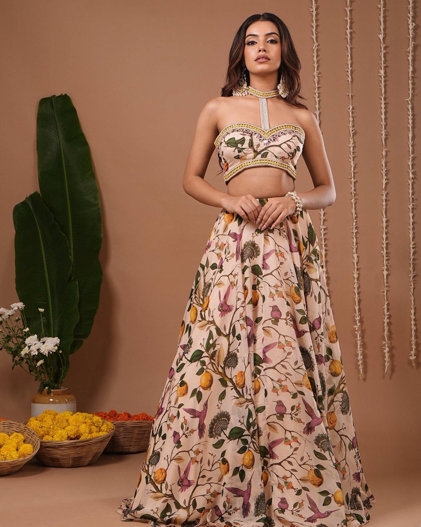 Cream Lemon Printed Indo Lehenga Set (Set of 2)