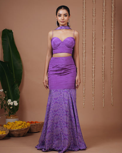 Purple Bandhani Corset Indo Skirt Set (Set of 3)