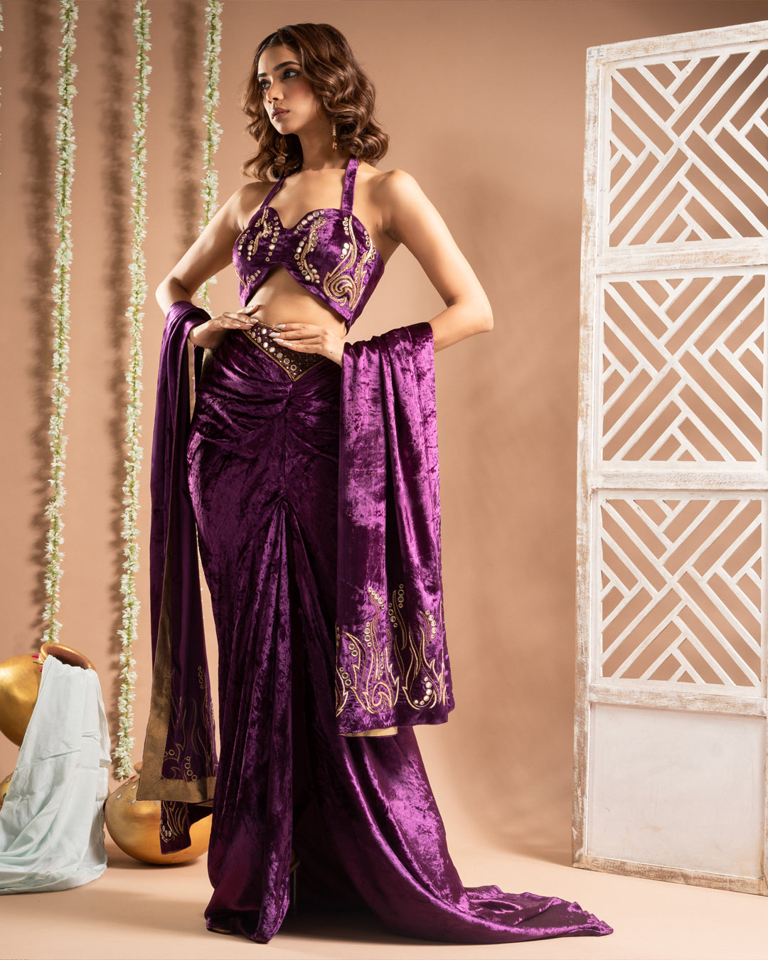 Purple Velvet Indo Drape Set  (Set of 3)