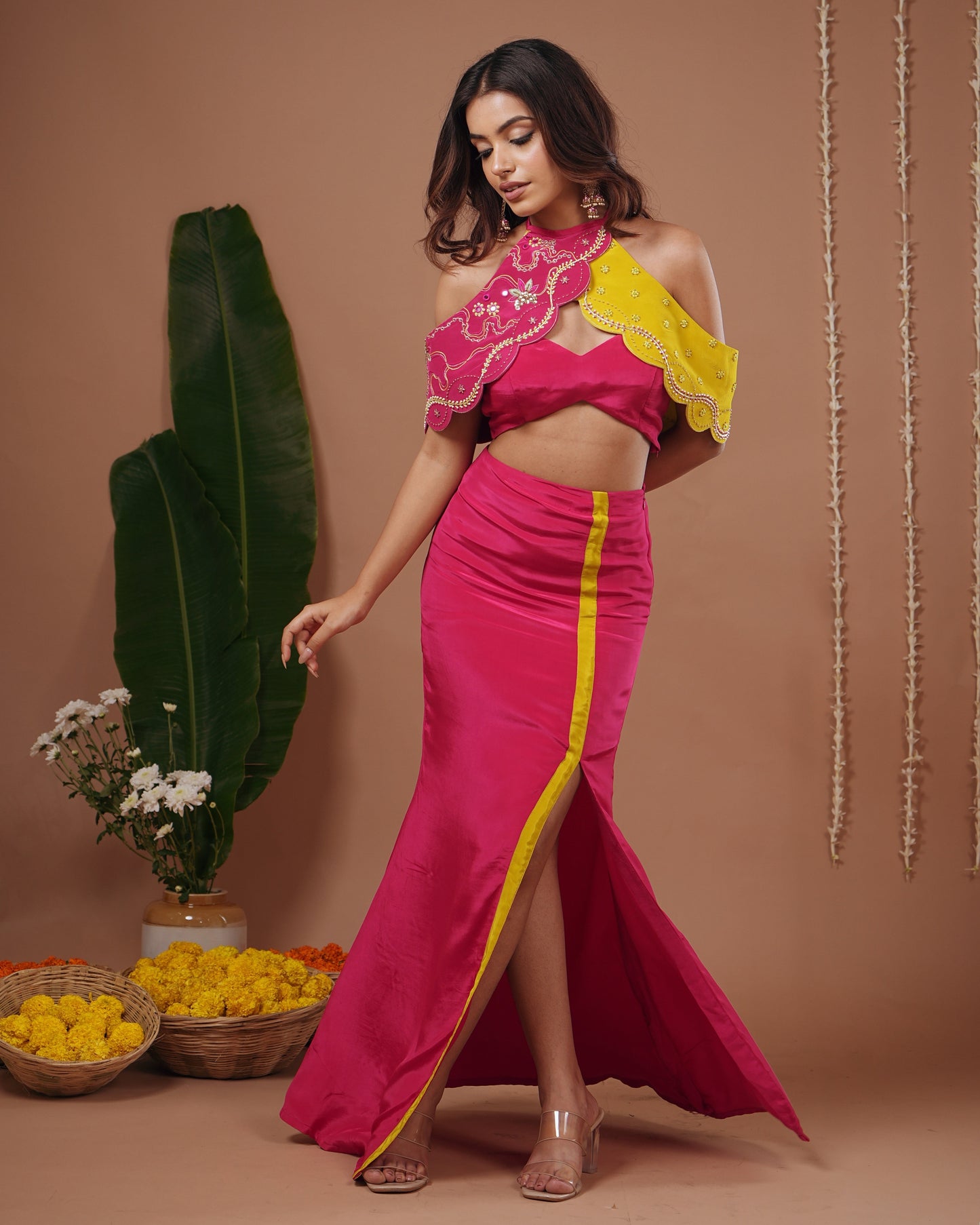 Rani-Yellow Halter Neck Skirt Set (Set of 3)