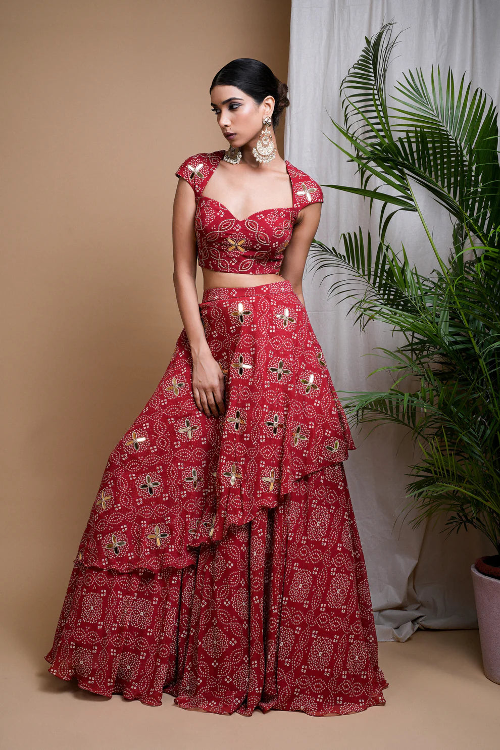 RED BANDHANI DIGITAL PRINT INDO LEHENGA SET (SET OF 2)