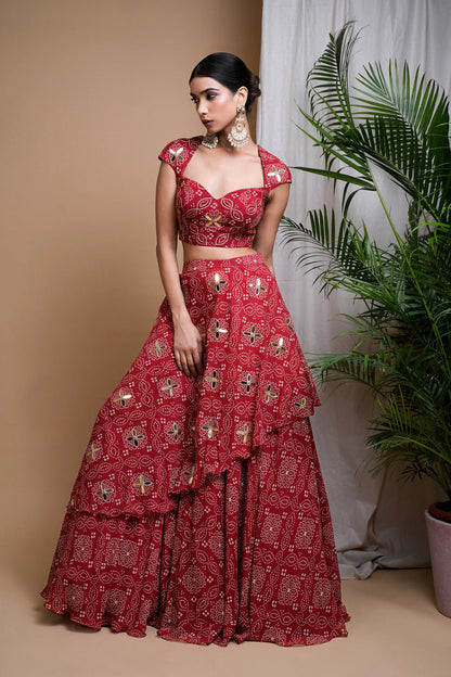 RED BANDHANI DIGITAL PRINT INDO LEHENGA SET (SET OF 2)