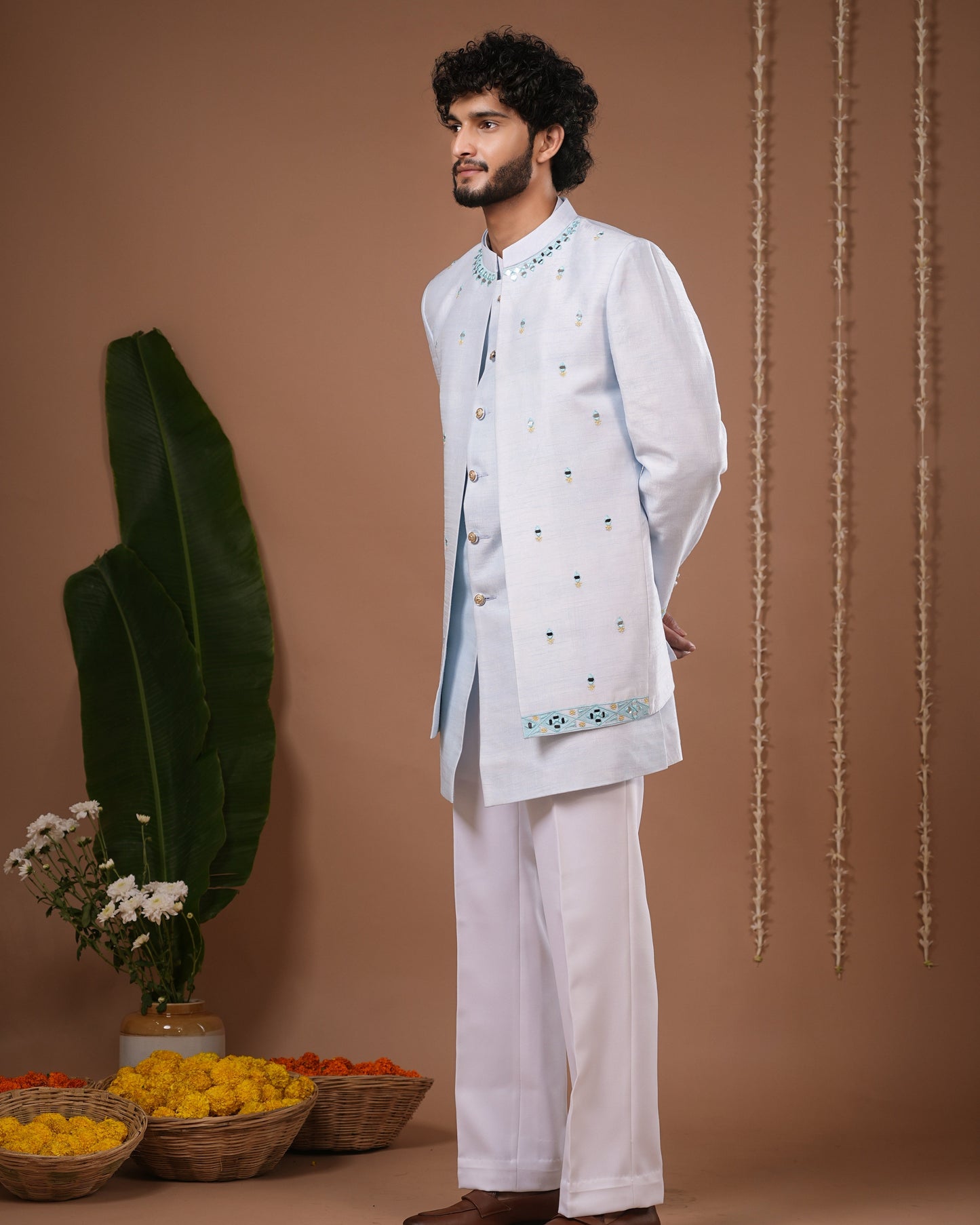 Sky Blue Open Jacket + Jodhpuri Indo Set (Set of 3)