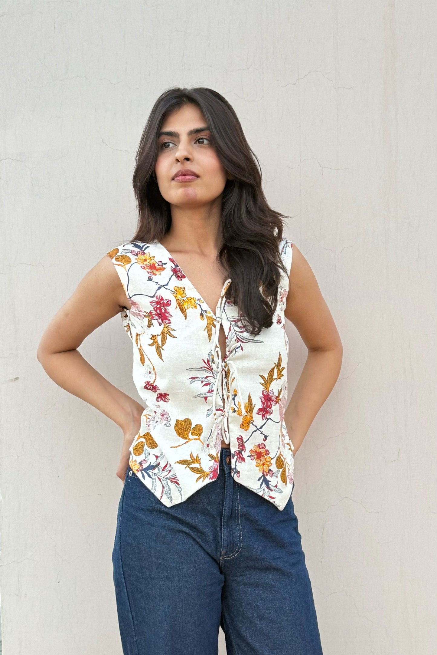 Floral Linen Tie-Up Top