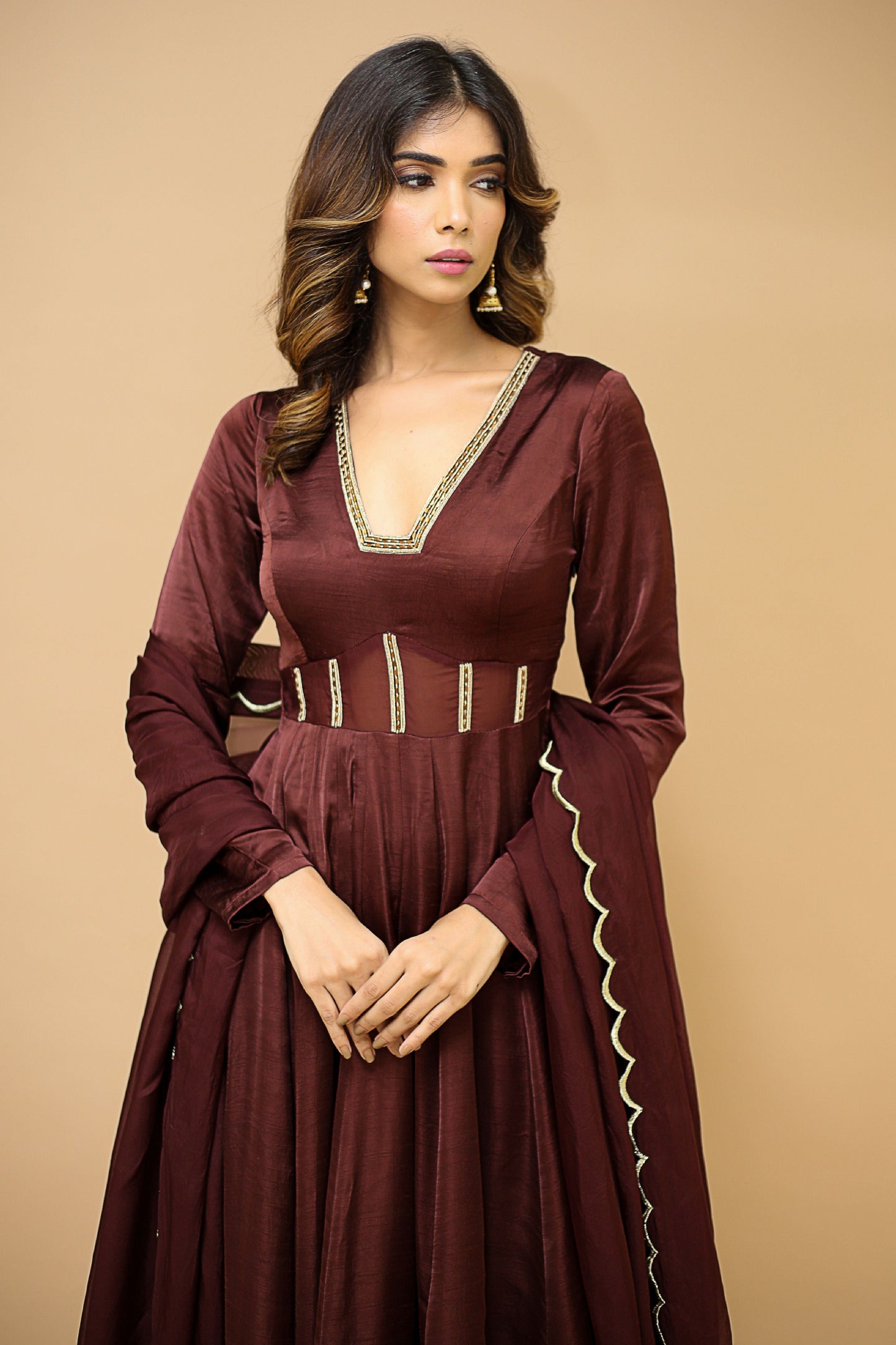 Brown Anarkali Satin Suit  Set (Set Of 3)