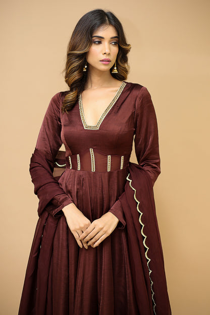 Brown Anarkali Satin Suit  Set (Set Of 3)