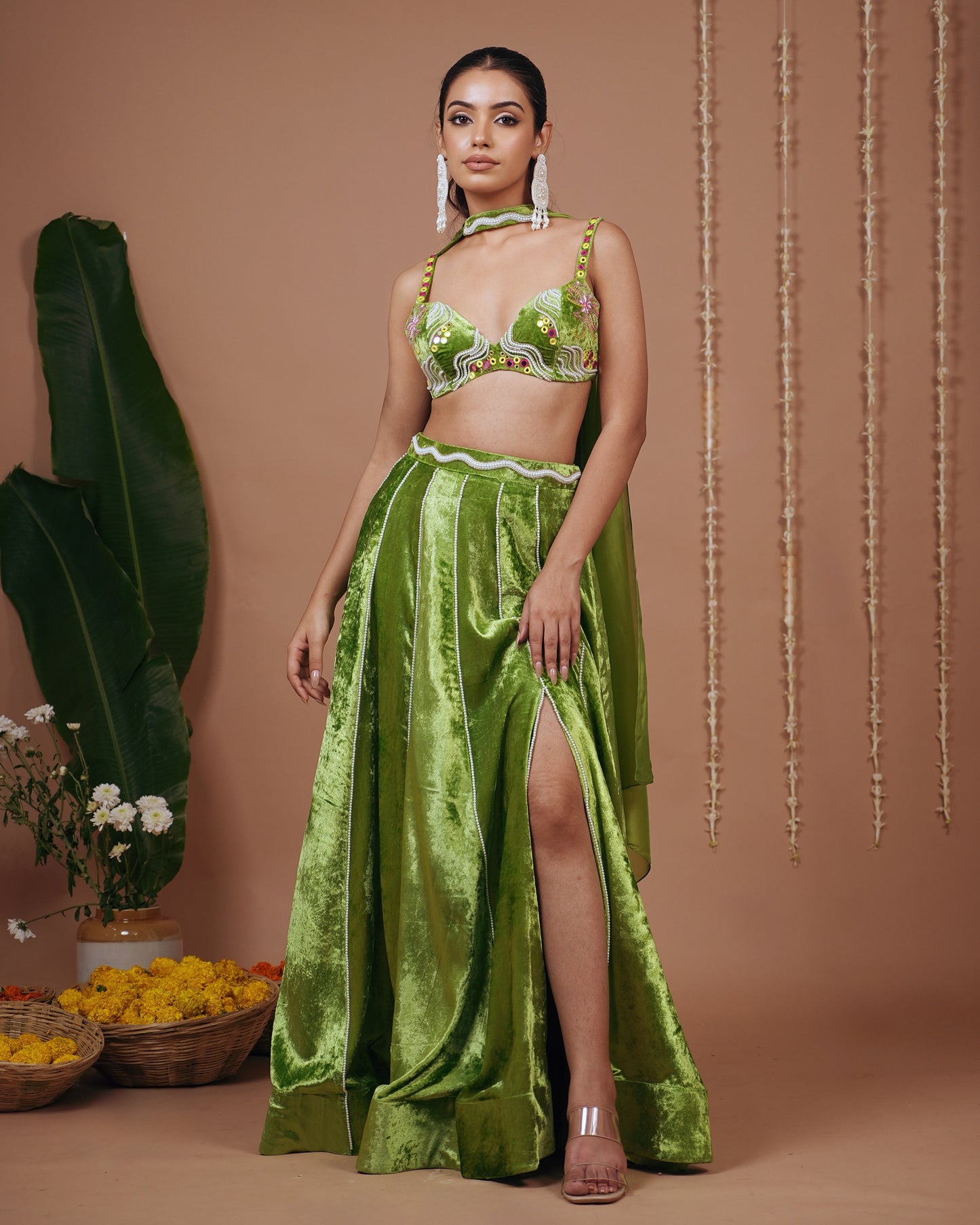 Bright Green Velvet Indo Lehenga Set (Set of 3)