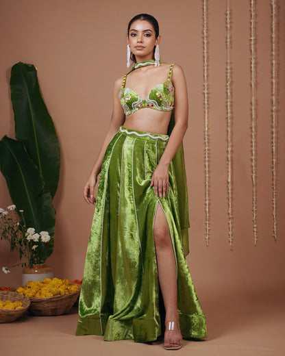 Bright Green Velvet Indo Lehenga Set (Set of 3)