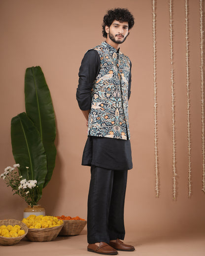 Navy Blue Digital Print Nehru Jacket + Kurta Pyjama Set (Set of 3)