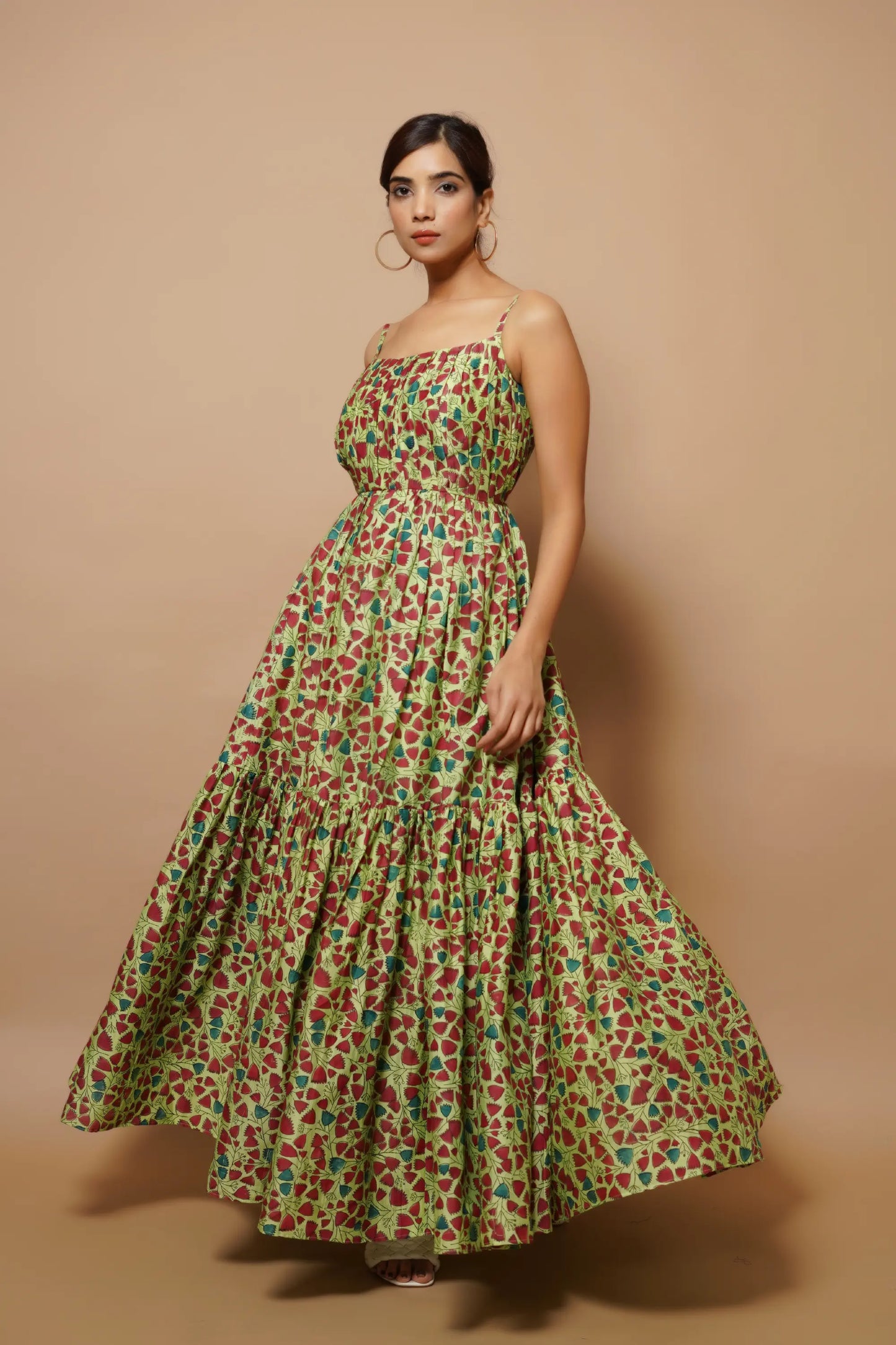 Green Block Printed Chanderi Maxi