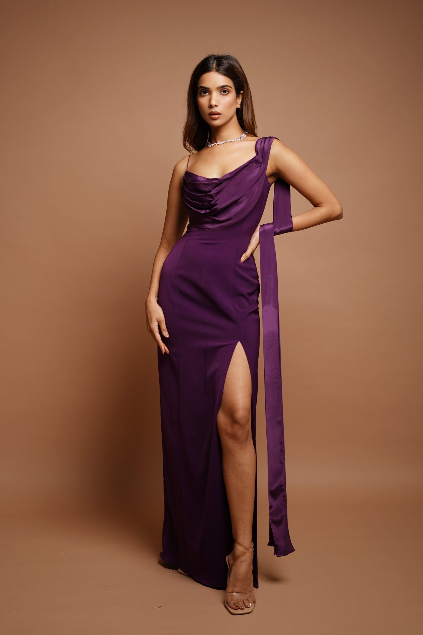 Wine Drape Cowl Long Dress