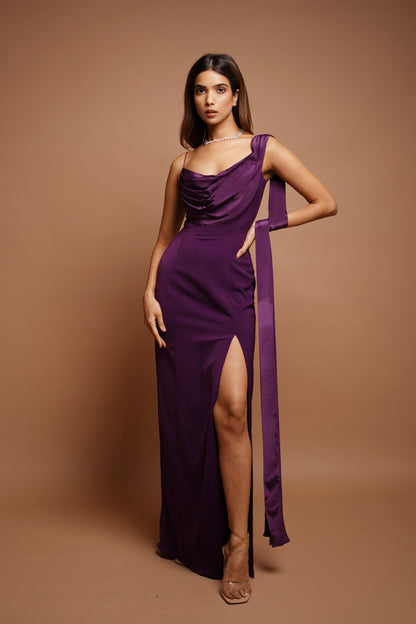 Wine Drape Cowl Long Dress