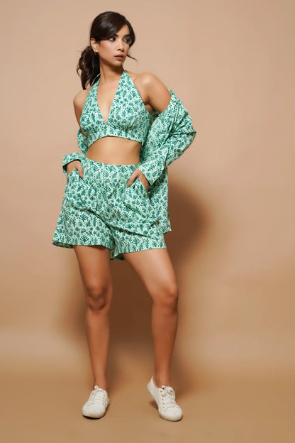 Green Block printed 3-piece co-ord