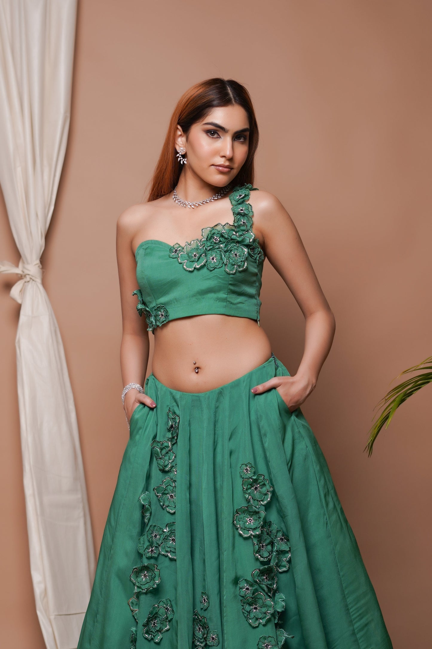 BRIGHT GREEN 3-D  ORGANZA INDO LEHENGA SET  (SET OF 2)