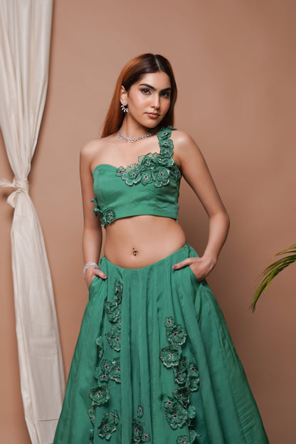 BRIGHT GREEN 3-D  ORGANZA INDO LEHENGA SET  (SET OF 2)