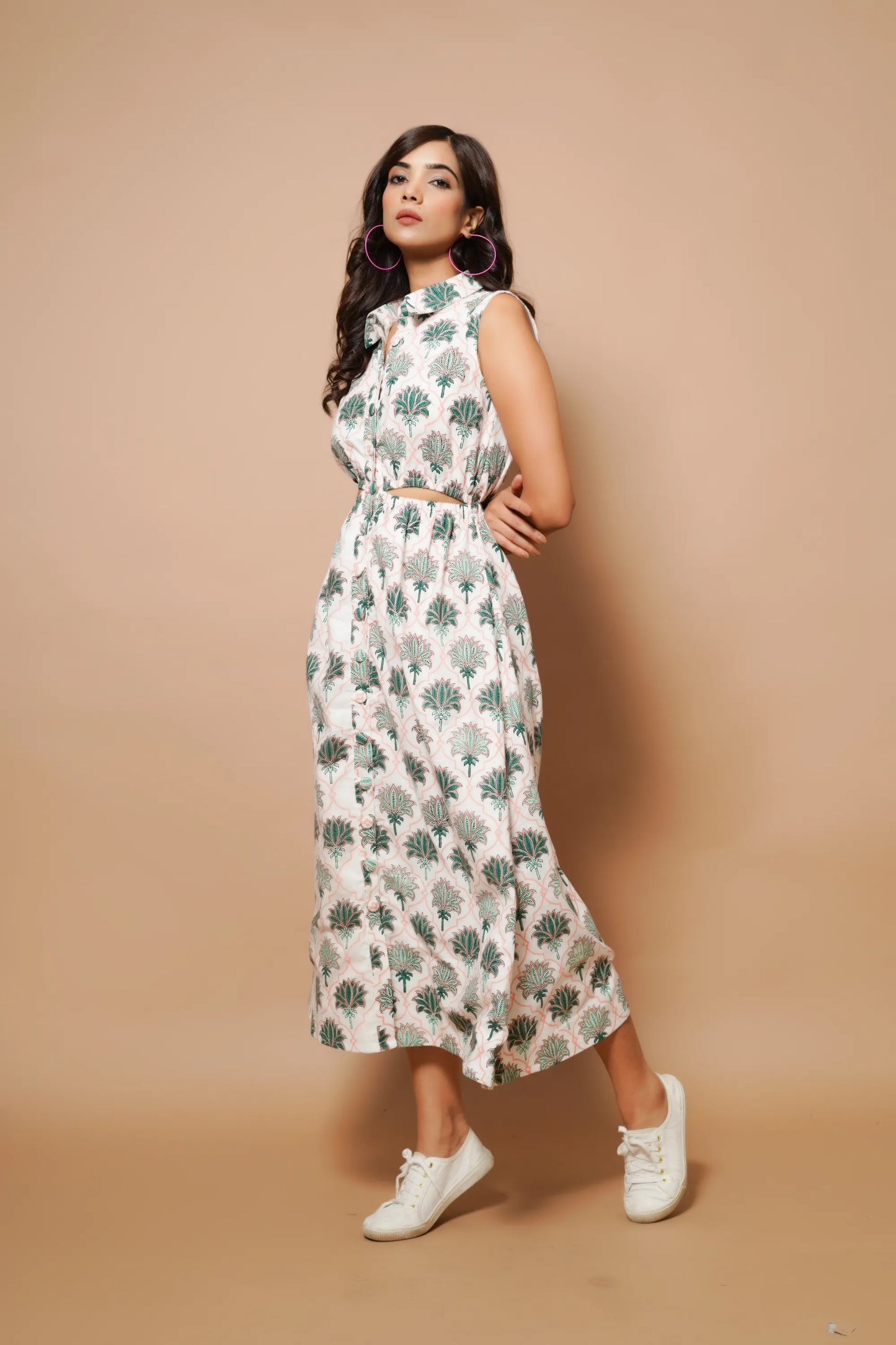 White cotton printed midi