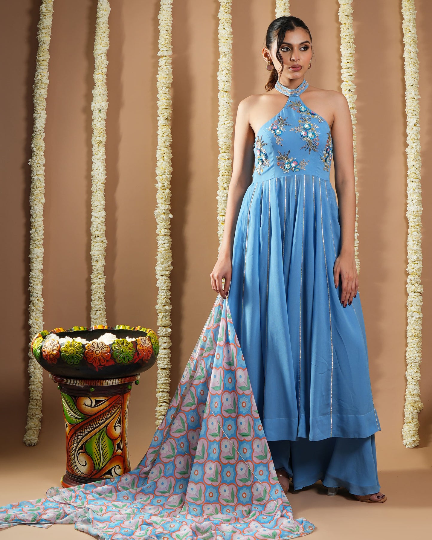 Blue Georgette Halter Neck Anarkali Set (Set Of 3)