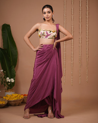 Cream Lemon Print Indo Pre Drape Saree Set (Set of 2)