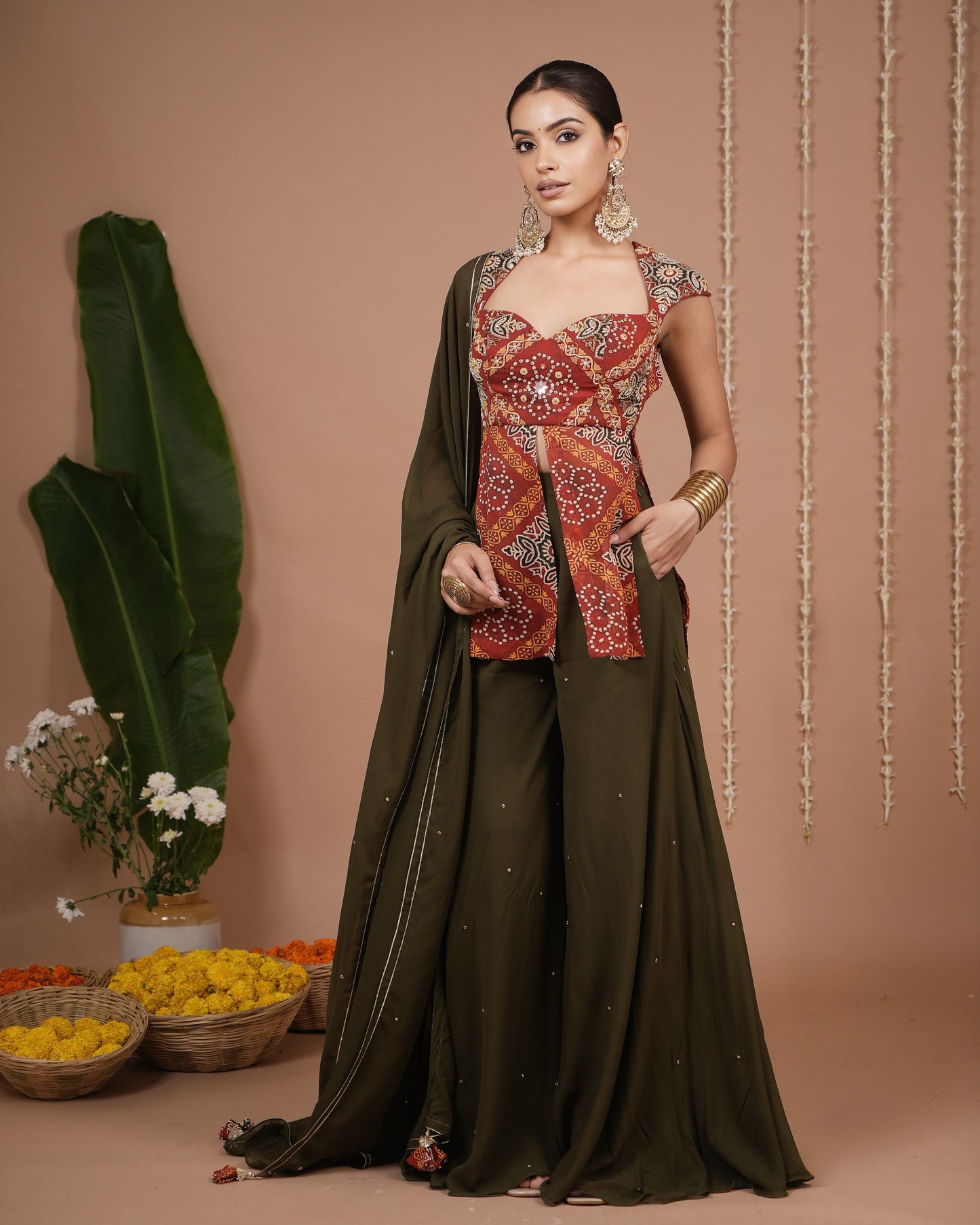 Red Bandhani Printed Kurti Palazzo Set (Set of 3)