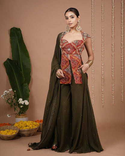 Red Bandhani Printed Kurti Palazzo Set (Set of 3)