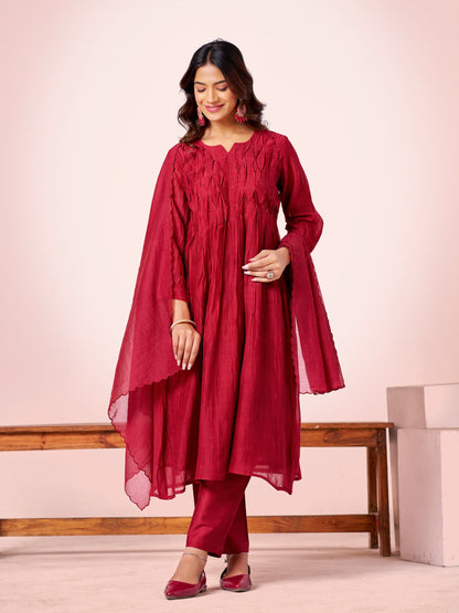 Garnet Red Pure Silk Mul 3-Piece Kurti Set
