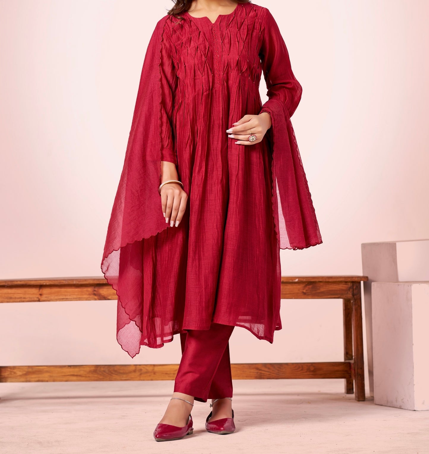 Garnet Red Pure Silk Mul 3-Piece Kurti Set