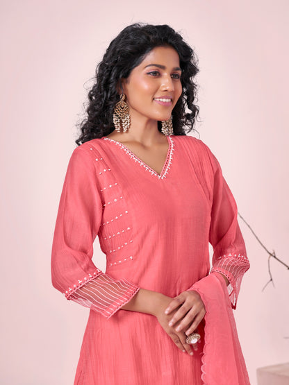 Coral Blush Pure Silk Mul 3-Piece Kurti Set