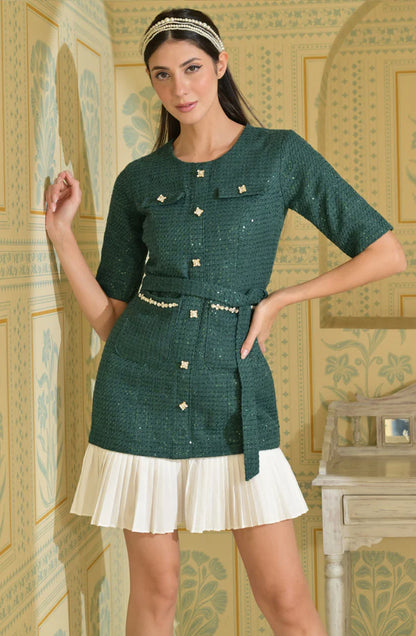 Green Tweed Pleated Hem Dress