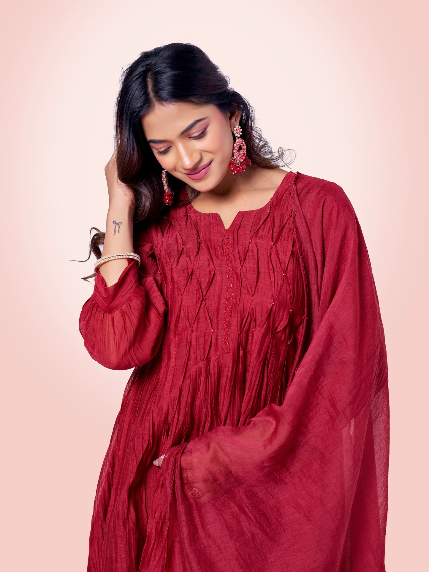 Garnet Red Pure Silk Mul 3-Piece Kurti Set