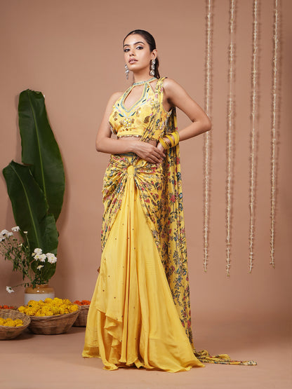 Bright Yellow Printed Halter Neck Indo Drape Set (Set of 2)