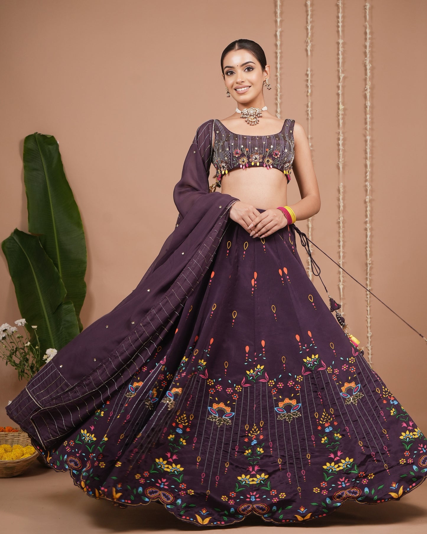 Dark Purple Printed Heavy Lehenga Set (Set of 3)