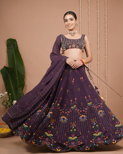 Dark Purple Printed Heavy Lehenga Set (Set of 3)