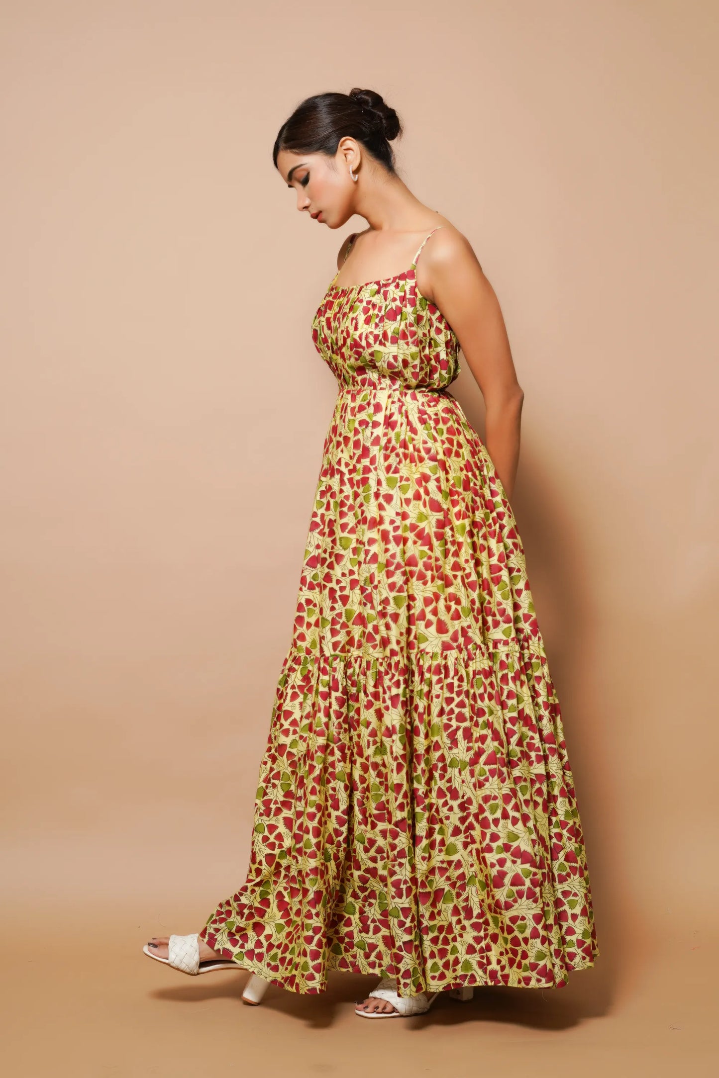 Yellow Block Printed Chanderi Maxi