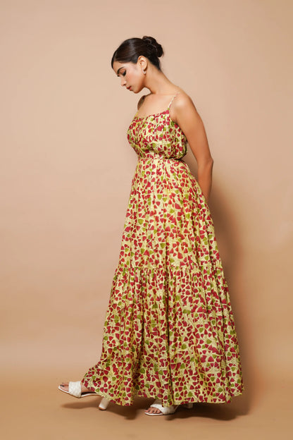 Yellow Block Printed Chanderi Maxi