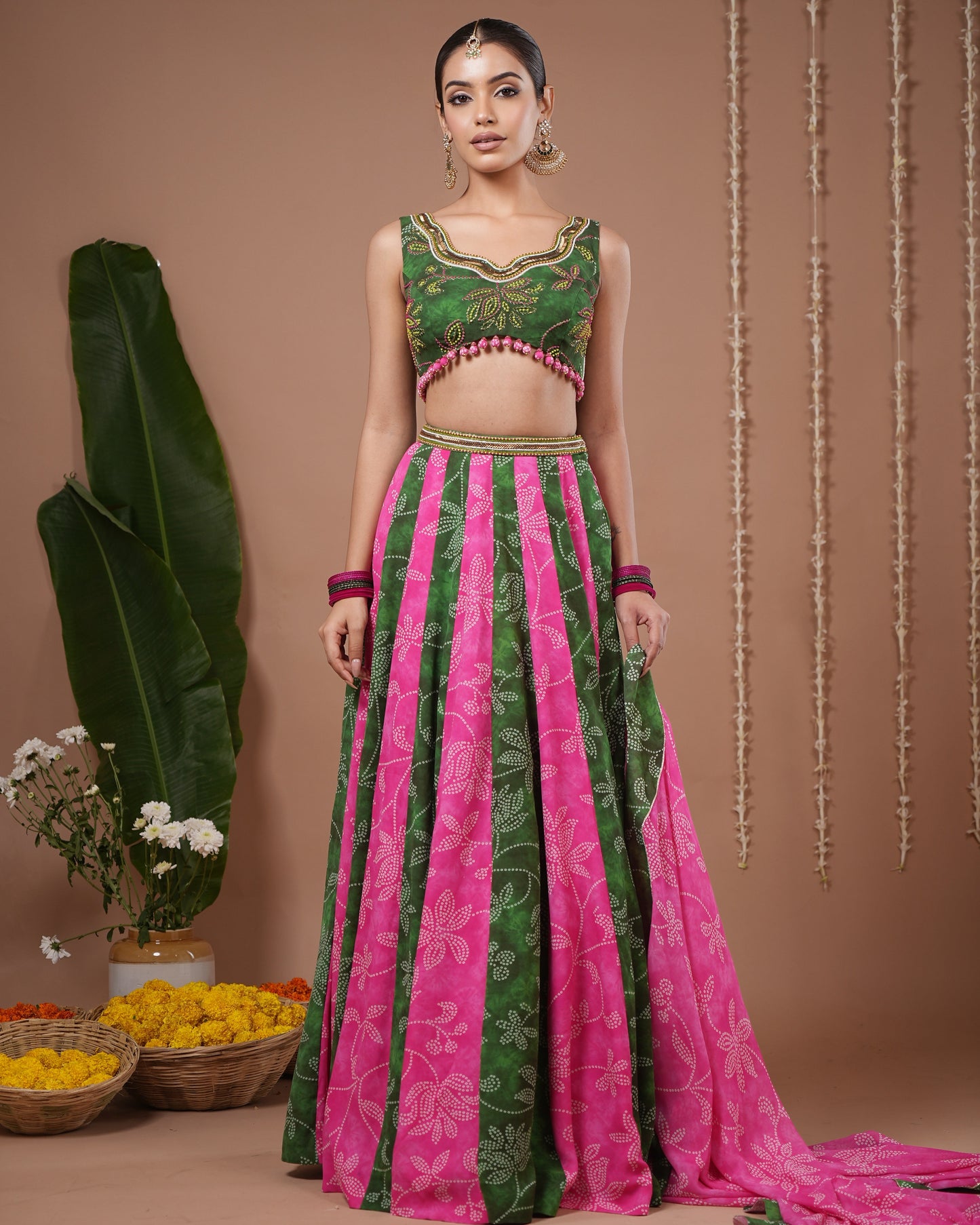 Green- Pink Bandhani Floral Printed Lehenga Set (Set of 3)