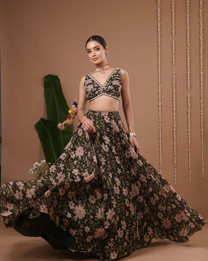 Olive Green Floral Printed Organza Lehenga Set (Set of 3)