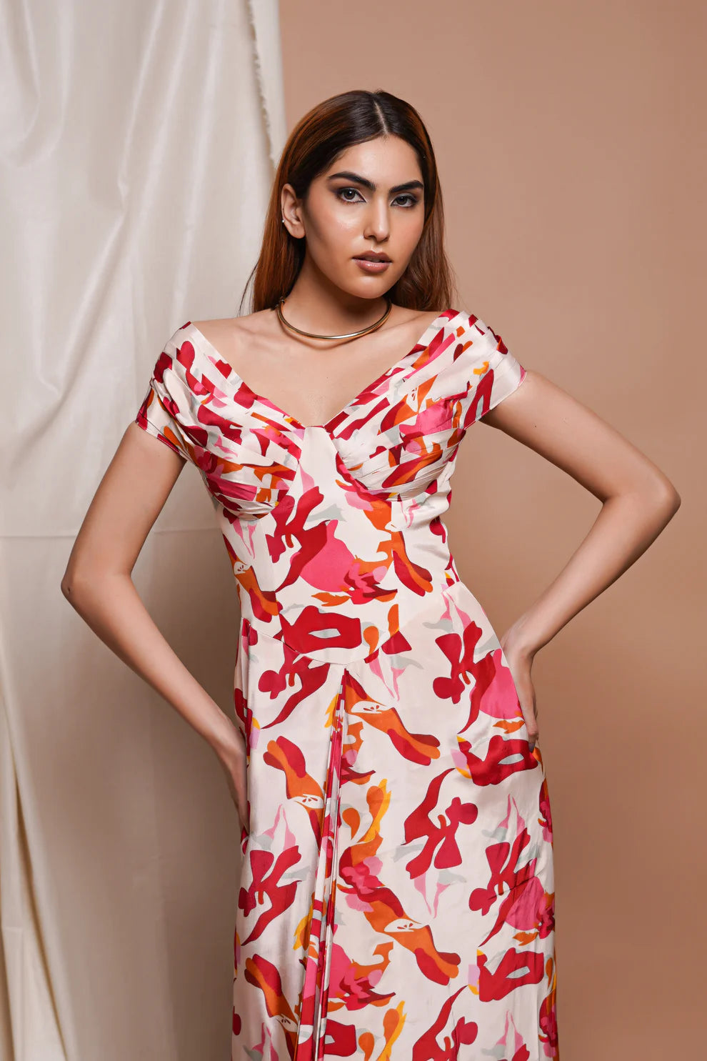 CREAM ABSTRACT OFF SHOULDER CORSET DRAPE DRESS