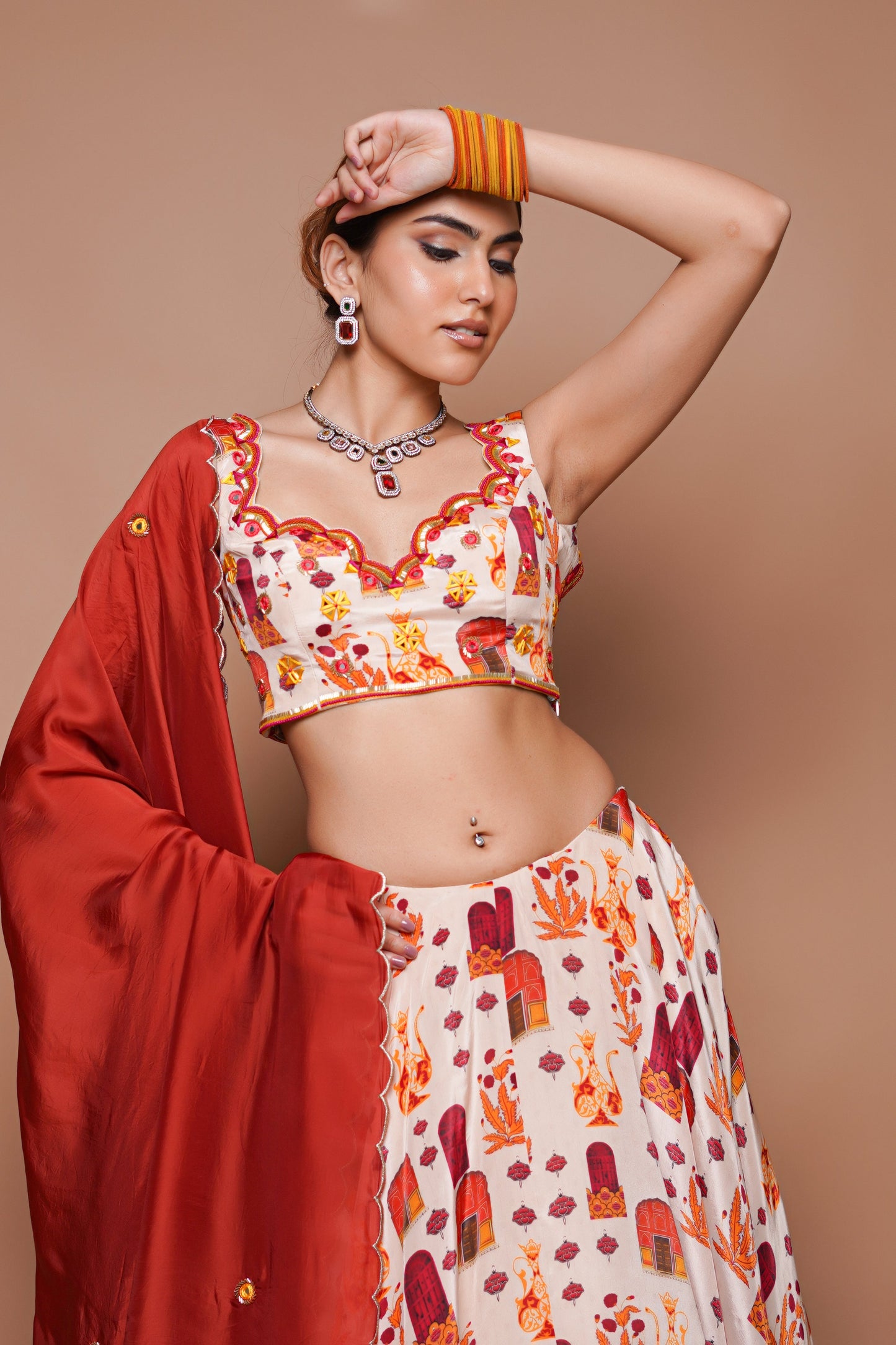 CREAM  DIGITAL PRINT LEHENGA SET (SET OF 3)