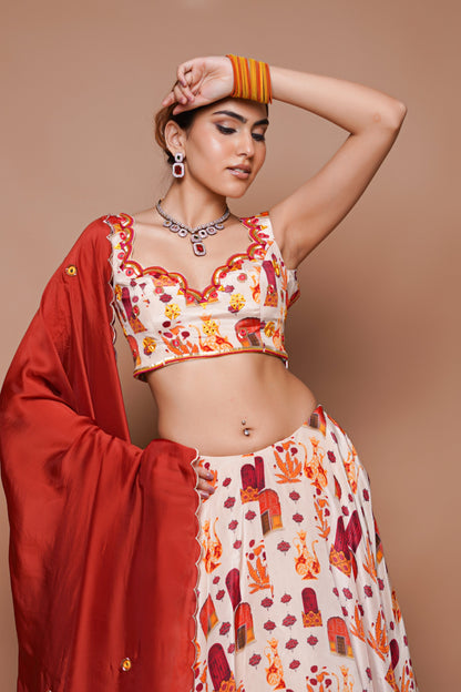 CREAM  DIGITAL PRINT LEHENGA SET (SET OF 3)