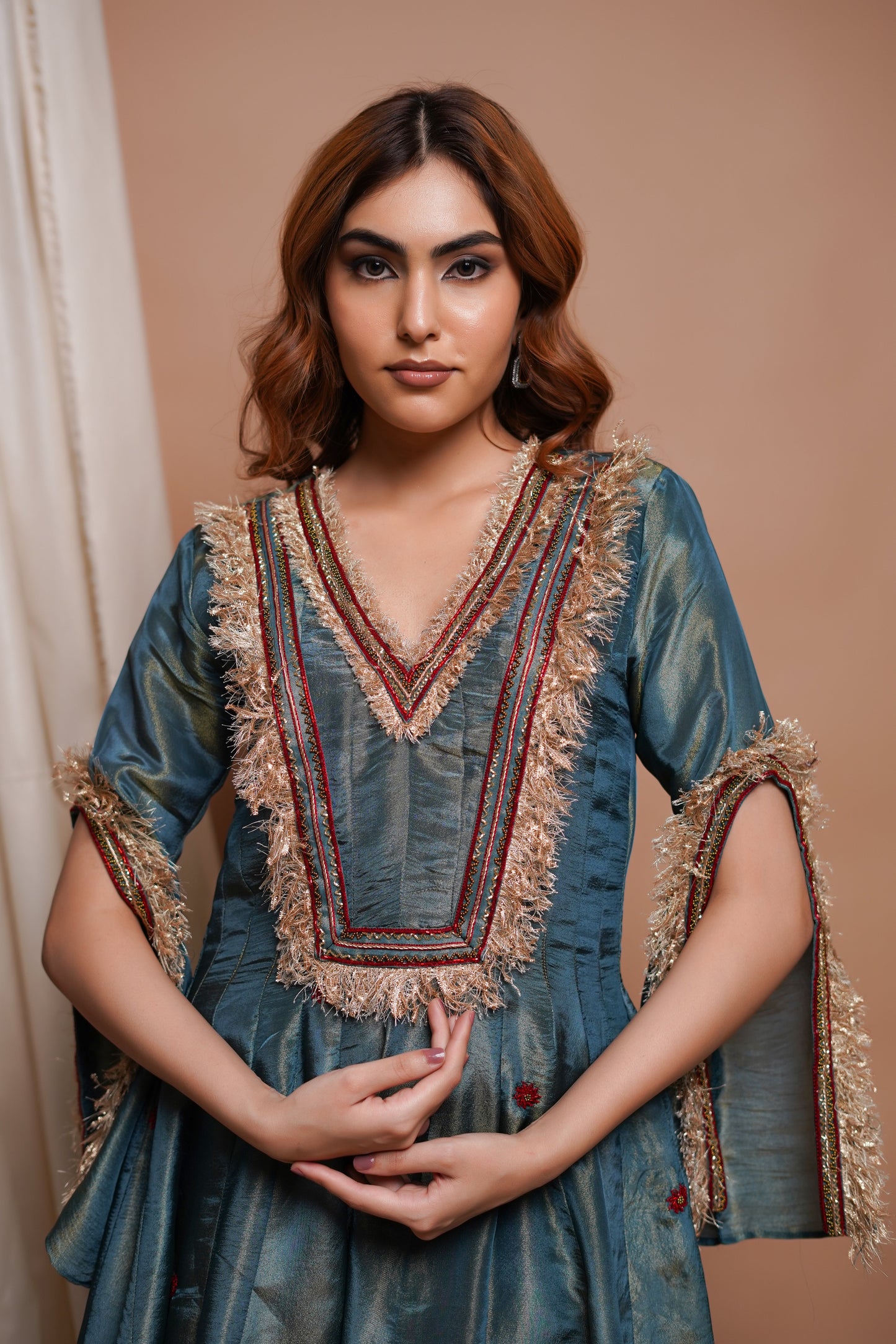 BLUE RED TISSUE SILK ANARKALI SUIT SET  (SET OF 3)