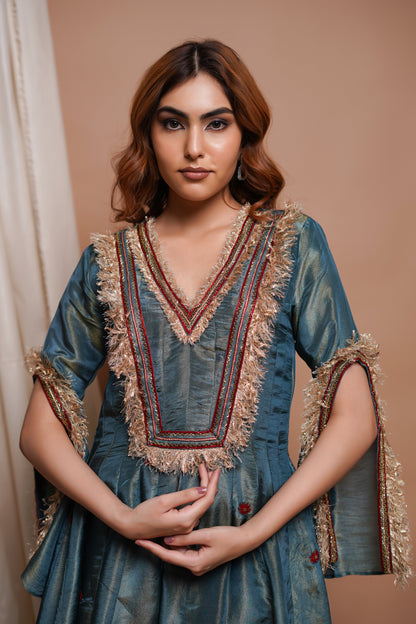 BLUE RED TISSUE SILK ANARKALI SUIT SET  (SET OF 3)