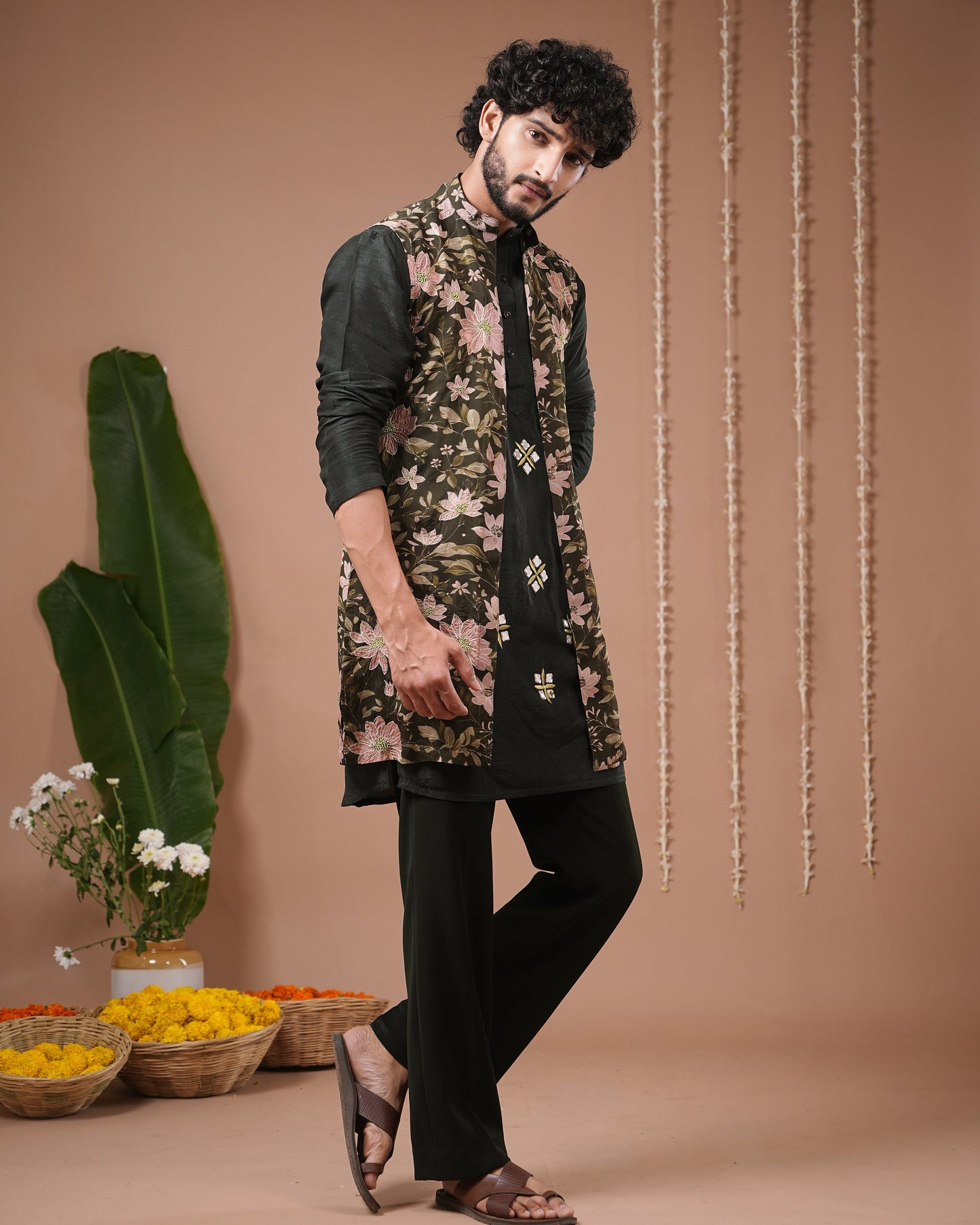 Olive Green Heavy Kurta + Sheer Jacket + Pant Set (Set of 3)