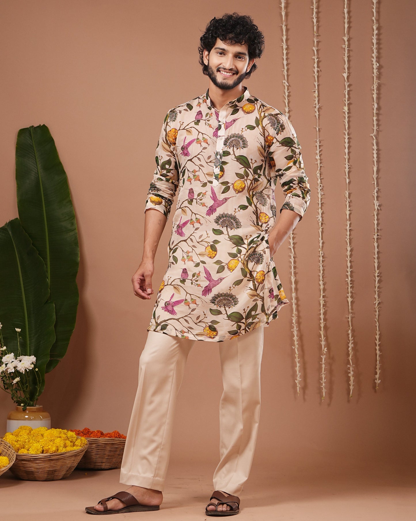 Cream Lemon Printed Organza Kurta + Pant Set (Set of 2)