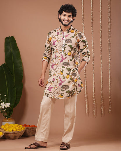 Cream Lemon Printed Organza Kurta + Pant Set (Set of 2)