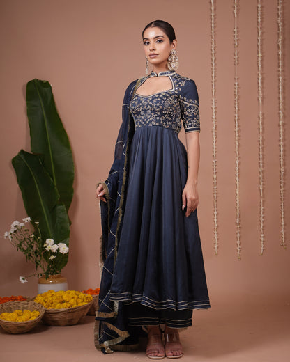 Navy Blue Silk Satin Heavy Anarkali Suit Set (Set of 3)