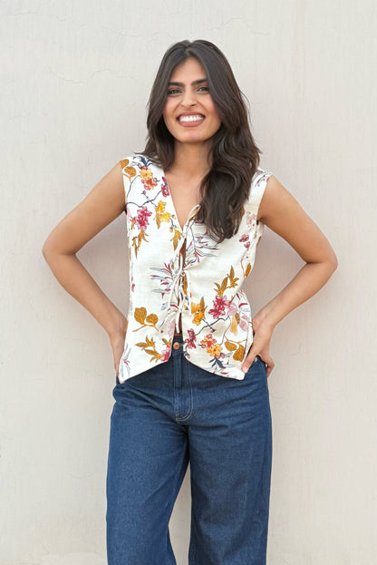 Floral Linen Tie-Up Top