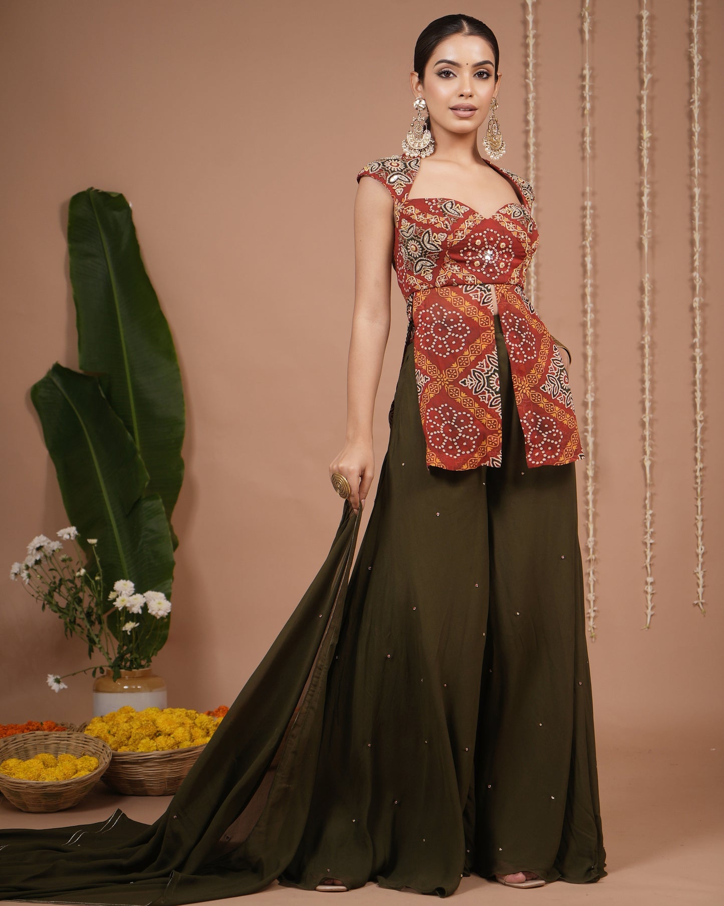 Red Bandhani Printed Kurti Palazzo Set (Set of 3)