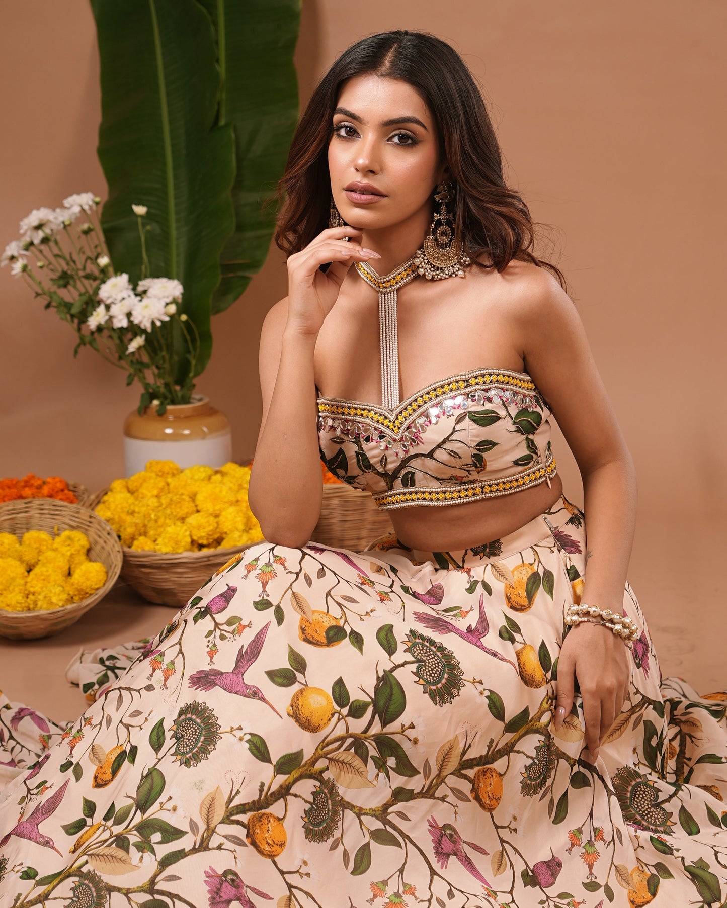 Cream Lemon Printed Indo Lehenga Set (Set of 2)