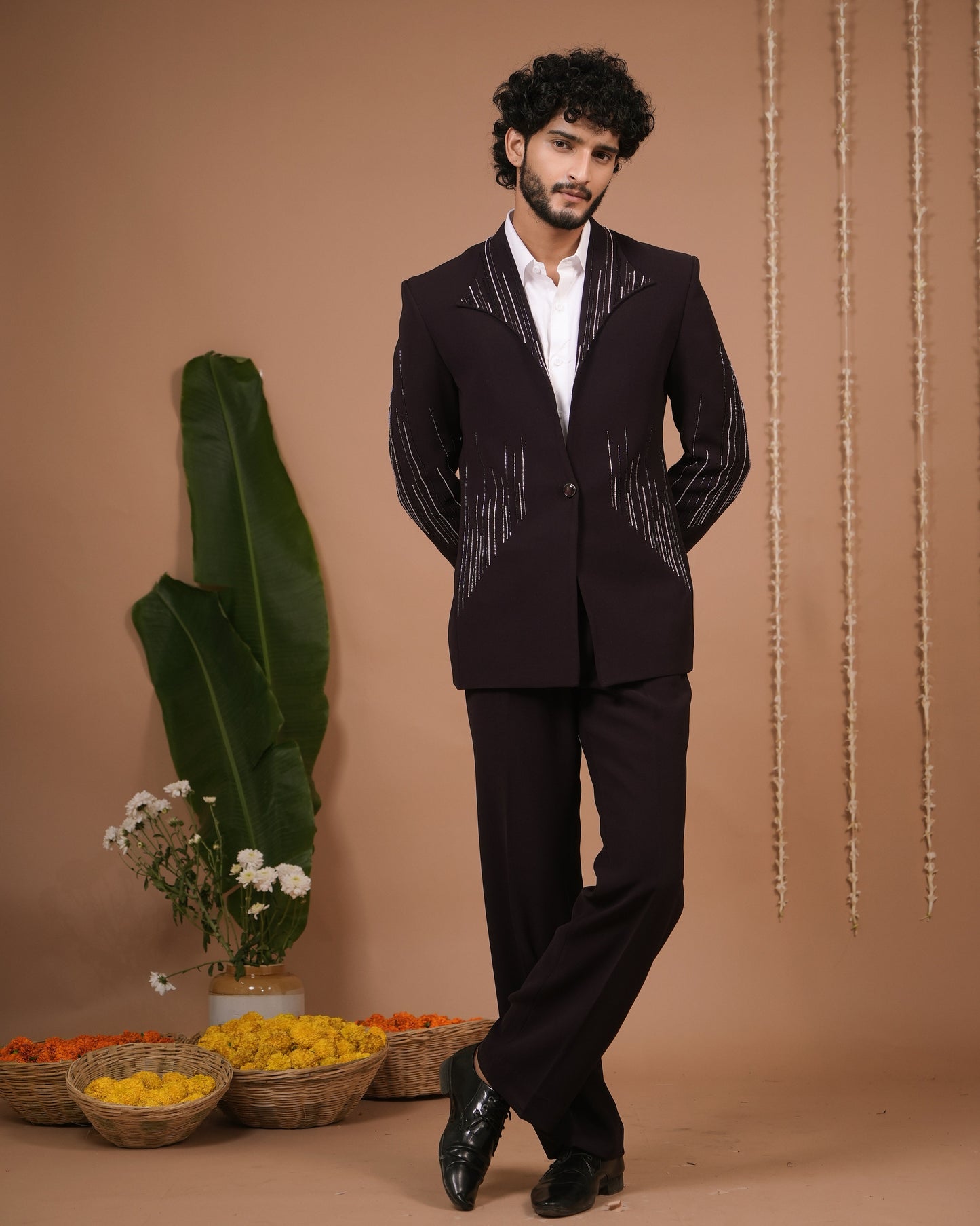 Dark Purple Coat And Pant Set (Set of 3)